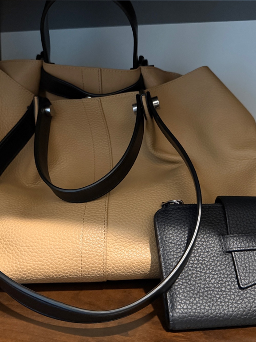 All Saints Beige Tote with Black Accents and Wallet